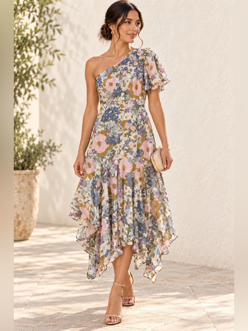 NWOT ASTR The Label Santorini Dress S Off White Floral One Shoulder Midi Wedding